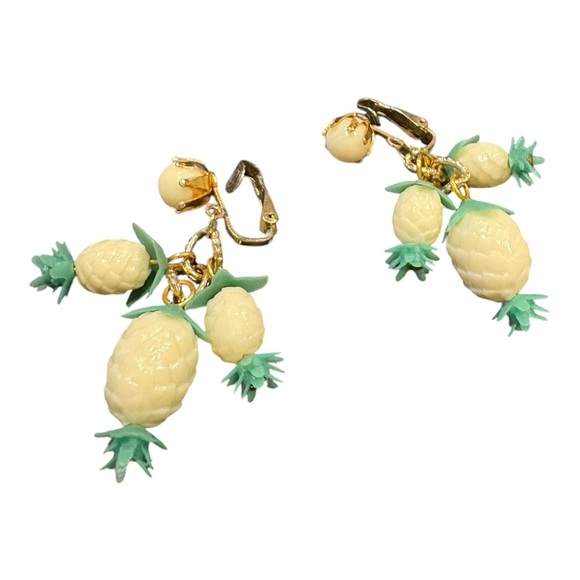 Vintage Pineapple Dangle Earrings Yellow Green Gold Tone J24 - Picture 2 of 4